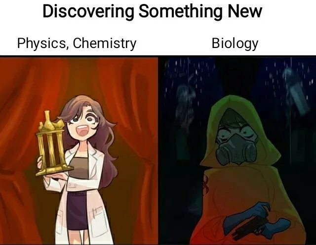 Funny science meme comparing glowing chemistry experiments to dangerous biology discoveries needing a hazmat suit