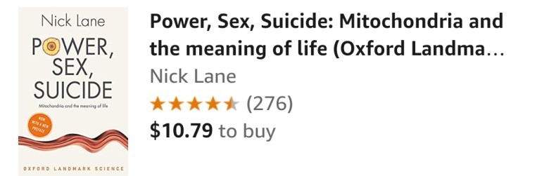 Funny science meme showcasing the intellectual flex of reading 'Power, Sex, Suicide' about mitochondria
