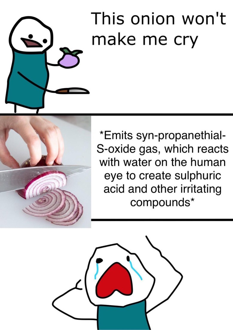 Funny science meme showing how cutting onions leads to tears due to syn-propanethial-S-oxide chemical reaction