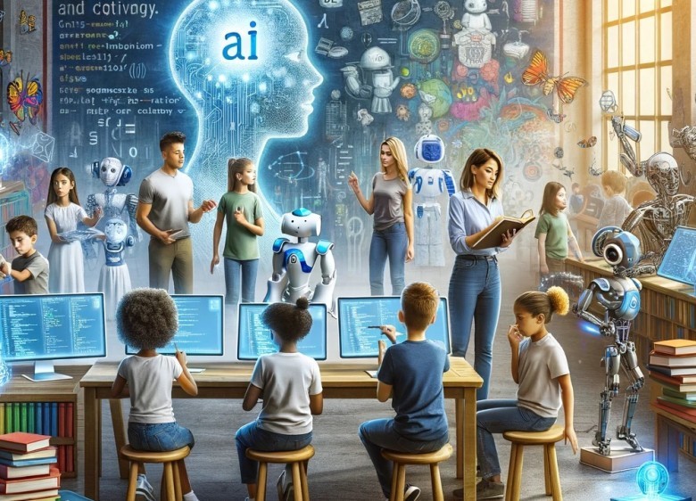 Modern classroom with white U.S. students learning AI literacy, using laptops and tablets, as a teacher presents on a screen displaying 'AI Literacy.' Holographic neural network visuals hover above, symbolizing artificial intelligence education. White House AI Education Task Force initiative in action, promoting STEM education and tech innovation for youth