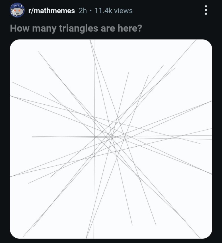A complex geometric puzzle featuring many intersecting lines, challenging the viewer to count every triangle within the design