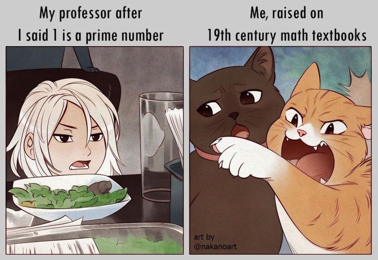 A two-panel meme. The left panel shows a person with a shocked expression, labeled 'My professor after I said 1 is a prime number'. The right panel depicts two cats, one looking surprised and the other yelling, labeled 'Me, raised on 19th-century math textbooks', humorously showing the disagreement about whether 1 is a prime number.