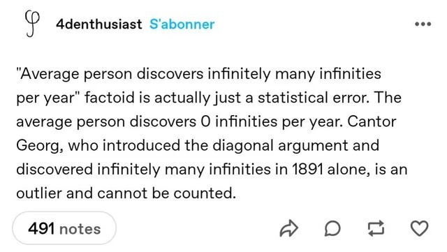 Meme about mathematical infinities, referencing Georg Cantor and the concept of different sizes of infinity. The meme humorously points out the statistical anomaly of mathematicians compared to the general population regarding the 'discovery' of infinities