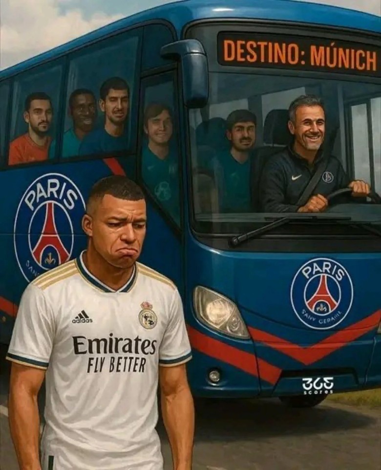alt="Humorous football meme illustration showing a sad Kylian Mbappé in a Real Madrid kit standing alone, while the PSG team bus, driven by Luis Enrique and carrying other PSG players, drives past with 'DESTINO: MÜNICH' displayed, implying Mbappé's absence from PSG's Champions League journey to face Bayern Munich."