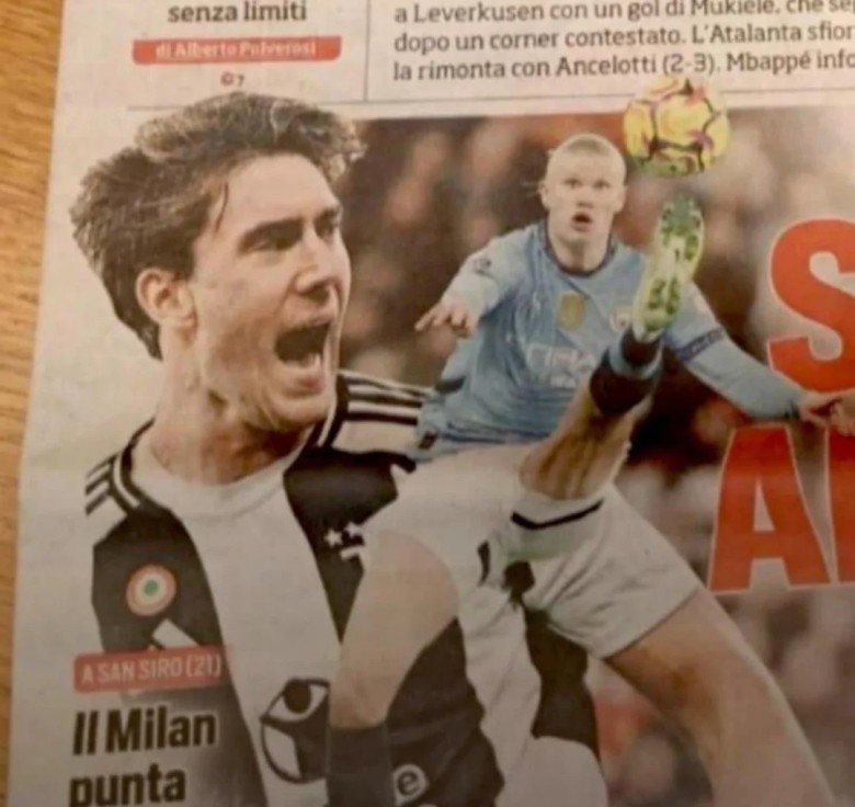 alt="Humorous football meme featuring a superimposed image of Erling Haaland on top of a football action shot, possibly involving Matthijs de Ligt, creating a comical or exaggerated scenario."