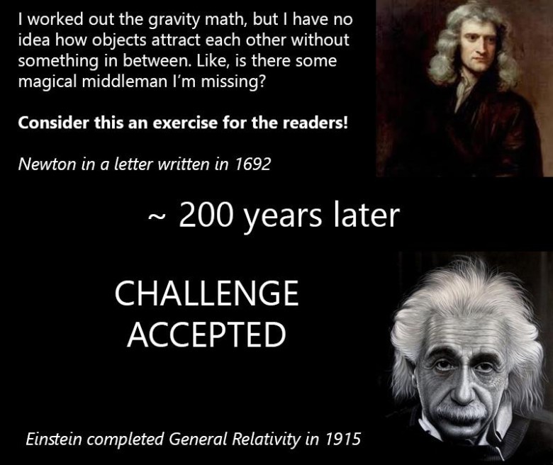  popular internet meme illustrating the historical progression of gravitational theory. On the top, a portrait of Isaac Newton (17th-century scientist) is shown with text quoting him: "I worked out the gravity math, but I have no idea how objects attract each other without something in between. Like, is there some magical middleman I'm missing? Consider this an exercise for the readers! Newton in a letter written in 1692." Below, the text reads "~ 200 years later," followed by a portrait of Albert Einstein (20th-century physicist) and the bold text: "CHALLENGE ACCEPTED." Underneath Einstein, it states: "Einstein completed General Relativity in 1915." The meme highlights the conceptual gap between Newton's understanding of gravity as a force and Einstein's explanation of gravity as a curvature of spacetime.