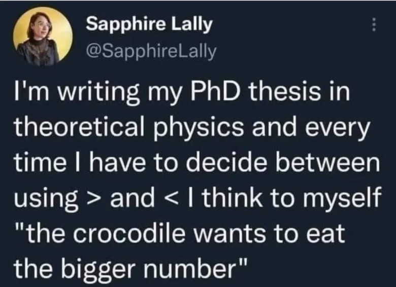 A screenshot of a tweet from Sapphire Lally (@SapphireLally). The tweet text reads: "I'm writing my PhD thesis in theoretical physics and every time I have to decide between using > and < I think to myself 'the crocodile wants to eat the bigger number'". The image shows her profile picture, which features a person.