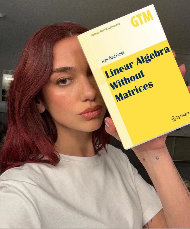 Dua Lipa holds up a Springer math textbook titled "Linear Algebra Without Matrices" by Jean-Paul Penot, gazing intently at the viewer with a serious expression, a popular image used in internet memes.