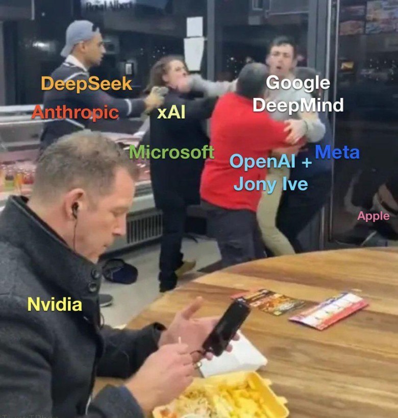 A chaotic scene with several people fighting in what appears to be a public food area. Various tech company names are superimposed over the people involved in the brawl: DeepSeek, Anthropic, xAI, Microsoft, Google DeepMind, OpenAI + Jony Ive, and Meta. In the foreground, a person labeled "Nvidia" sits calmly at a table, looking at their phone and eating, seemingly oblivious to the fight. An "Apple" label is also placed near the table.