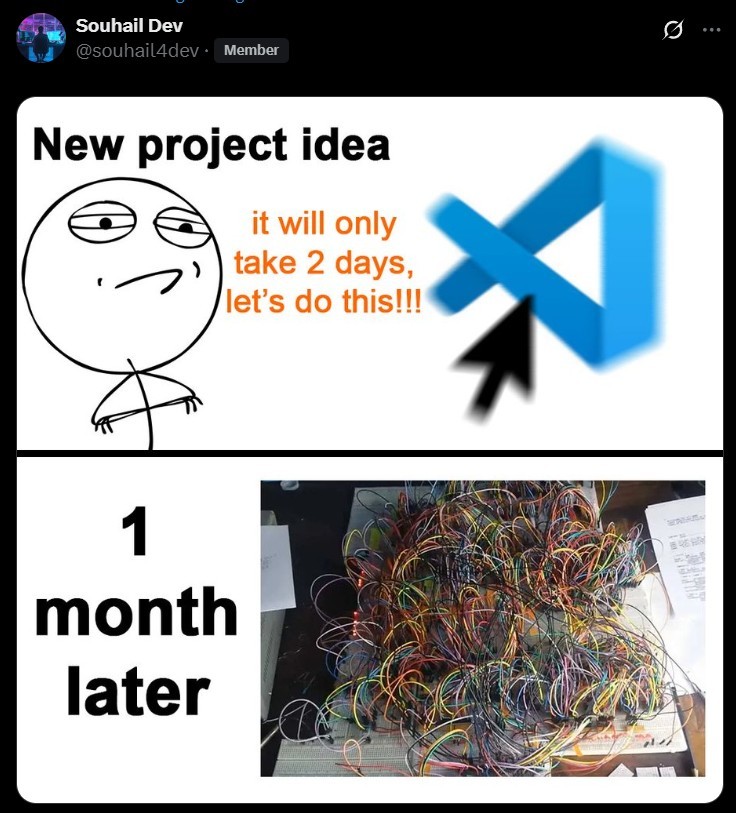 A two-panel meme from Souhail Dev. The top panel, labeled "New project idea," shows a confident "Trollface" style stick figure thinking, "it will only take 2 days, let's do this!!!" next to the VS Code logo with a mouse cursor. The bottom panel, labeled "1 month later," shows a chaotic pile of multicolored electrical wires connected to a breadboard and electronic components.