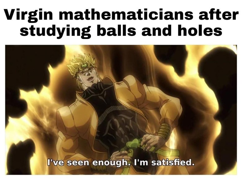 A meme featuring a muscular, confident anime character (Dio Brando from Jojo's Bizarre Adventure) with a dramatic background. The text above reads: "Virgin mathematicians after studying balls and holes". The text at the bottom, a quote from the character, says: "I've seen enough. I'm satisfied."