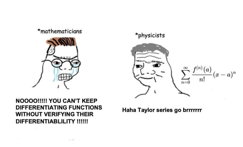 A two-panel meme contrasting mathematicians and physicists. On the left, a crying 