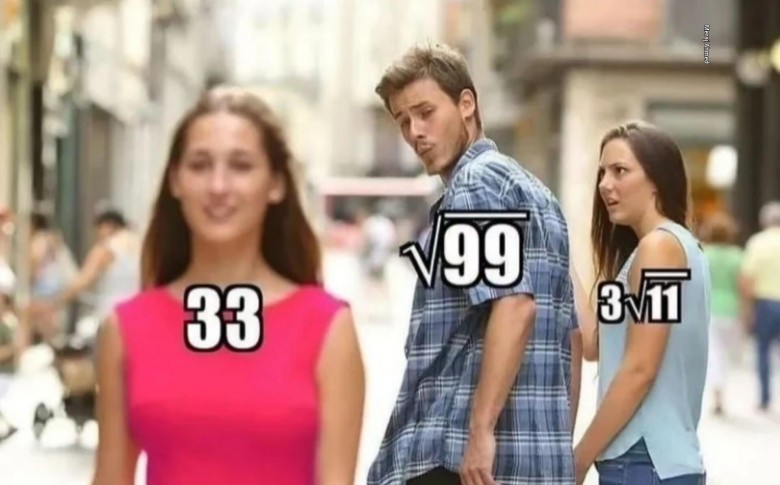 The "Distracted Boyfriend" meme template featuring a man (representing   99  ​	  ) looking back at a woman (representing 33) while his girlfriend (representing 3  11  ​	  ) looks on with surprise. The meme humorously illustrates simplifying radicals.