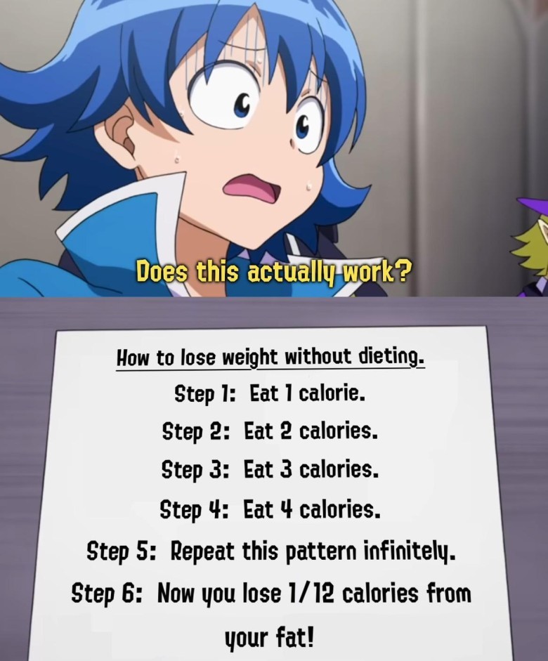 An anime character (Iruma Suzuki from Welcome to Demon School! Iruma-kun) with a shocked expression, asking "Does this actually work?". Below is a list of steps for "How to lose weight without dieting" that involves eating calories in an increasing pattern (1, 2, 3, 4...) and then claims you lose 1/12 calories from your fat, referencing the absurd sum of all natural numbers.