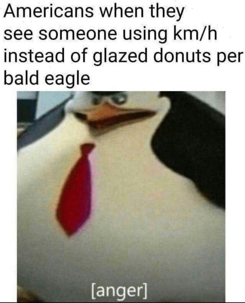  A close-up of Skipper, the angry penguin from Madagascar, wearing a red tie, with the caption "Americans when they see someone using km/h instead of glazed donuts per bald eagle." Below Skipper is the text "[anger]".