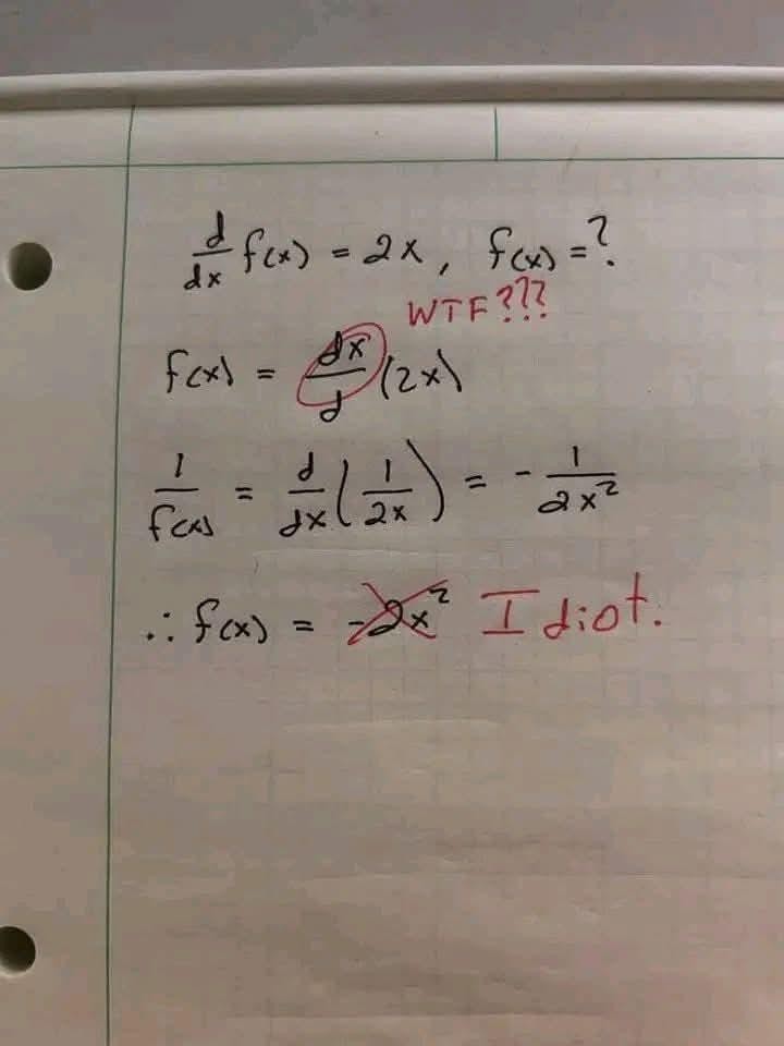 A notebook page showing an incorrect attempt to solve a calculus problem. The problem asks for f(x) given that its derivative is 2x. The solution attempts to "cancel out" the derivative operator, leading to incorrect and humorous results, including a final "Idiot." in red pen.