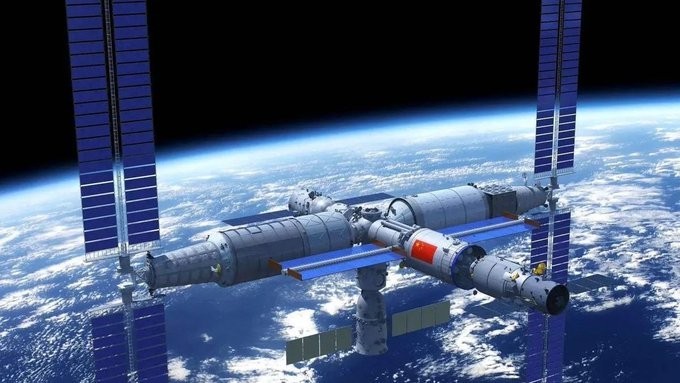 A vibrant microscopic image showing distinct bacterial cells, with a blurred backdrop of the Earth and the Tiangong space station orbiting above.