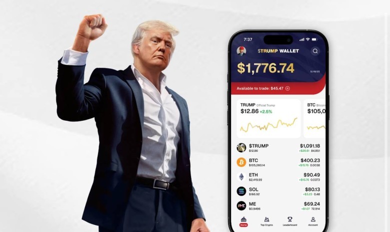 A graphic showing a modern digital wallet interface with a clear "Join Waitlist" button, and subtle elements hinting at a political figure.