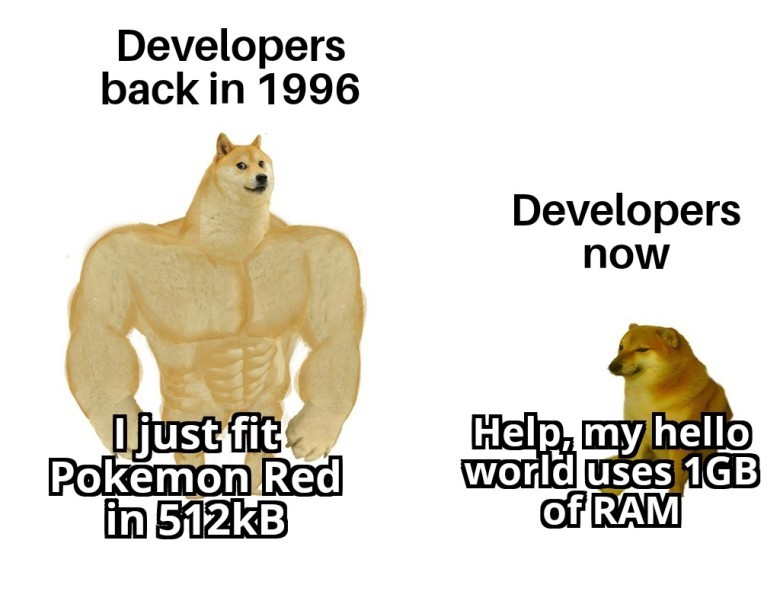 A two-panel meme featuring two Shiba Inus. On the left, a muscular, "Buff Doge" stands tall with the text "Developers back in 1996" above him and "I just fit Pokemon Red in 512KB" below. On the right, a smaller, less imposing "Cheems" dog sits with the text "Developers now" above him and "Help, my hello world uses 1GB of RAM" below, humorously highlighting a contrast in software development challenges across time.