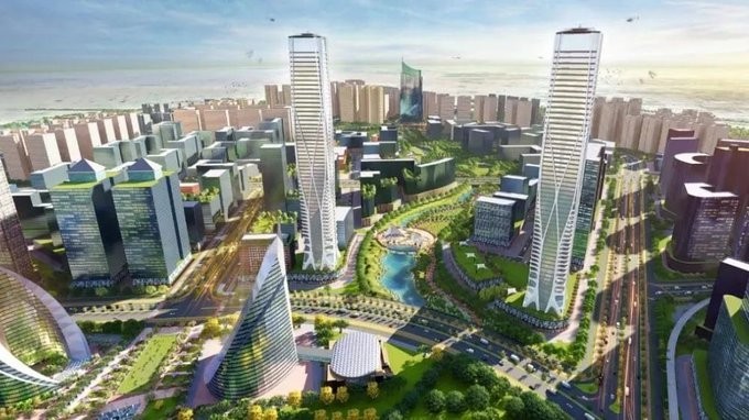  A vibrant digital rendering of a futuristic cityscape with modern skyscrapers, green spaces, wide roads, and integrated residential and commercial zones, representing the vision for Gurugram Global City.