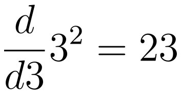A white image with a mathematical expression in black text. The expression reads:   d3 d ​	  3  2  =23. The fraction bar is horizontal, with 'd' above it and 'd3' below it. The number '3' is next to the fraction, with a superscript '2'. An equals sign follows, then the number '23'.