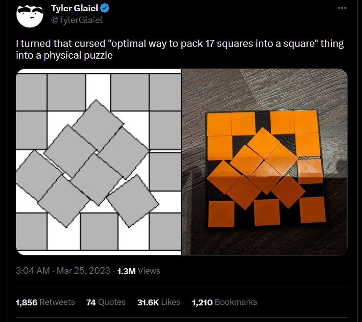 A screenshot of a Twitter post by user Tyler Glaiel (@TylerGlaiel). The tweet text reads: "I turned that cursed "optimal way to pack 17 squares into a square" thing into a physical puzzle". Below the tweet, there are two side-by-side images. The left image is a grayscale diagram showing 17 smaller squares arranged within a larger square, with many of the squares angled. The right image is a photograph of a physical puzzle, featuring 17 orange square pieces, some angled, placed on a black square base, replicating the arrangement seen in the diagram. 