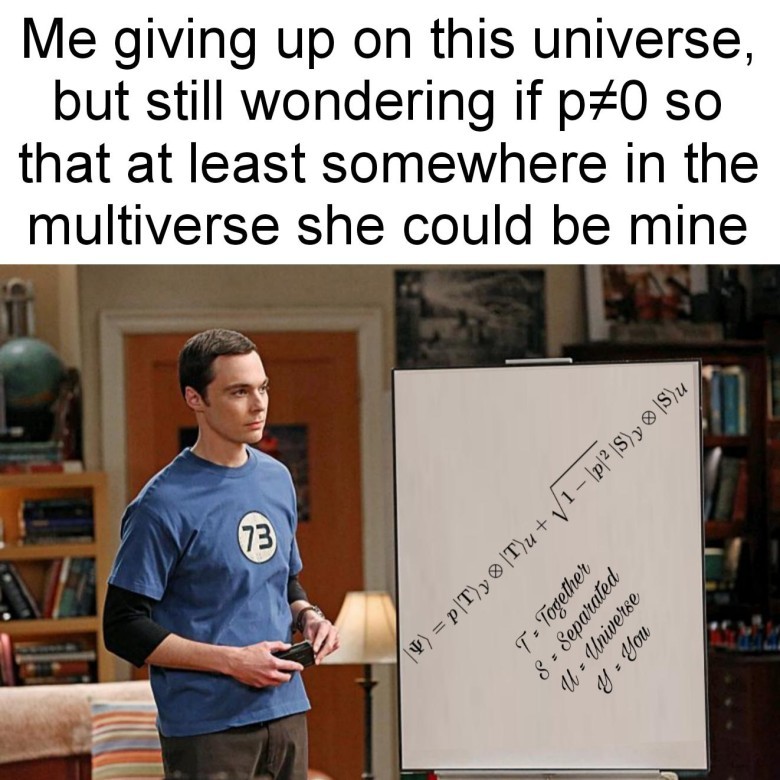 A meme featuring Sheldon Cooper from The Big Bang Theory. The top text reads: "Me giving up on this universe, but still wondering if p   = 0 so that at least somewhere in the multiverse she could be mine". The bottom part of the meme shows Sheldon Cooper standing in a living room, wearing a blue t-shirt with the number "73" on it. He is looking seriously to his left. To his right, there's a whiteboard with a complex equation written on it, resembling a quantum mechanics notation: ∣Ψ⟩=p∣T⟩  U ​	  ∣Y⟩  U ​	  +  1−∣p∣  2    ​	  ∣S⟩  U ​	  ∣Y⟩  U ​	  . Below the equation, variables are defined: "T = Together", "S = Separated", "U = Universe", "Y = You". The background shows bookshelves and furniture.
