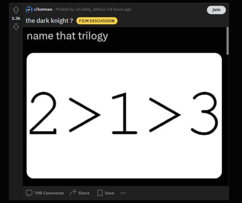 A screenshot of a Reddit post from the r/batman subreddit. The post title is 
