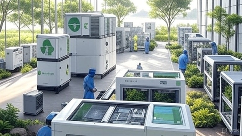 An artist's rendering or conceptual image of a modern, green e-waste recycling facility with solar panels on the roof, lush greenery, and a clean, efficient processing area for electronic waste.