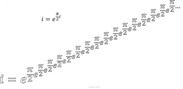 A minimalist math meme on a white background, featuring a complex number equation. The main equation shown is i=e  2 π ​	  i  . Below and to the right, this expression is recursively shown as an infinite power tower, where i equals e raised to the power of   2 π ​	   times e raised to the power of   2 π ​	   times e raised to the power of   2 π ​	  i, continuing infinitely upwards and to the right. This visual humorously illustrates a profound property derived from Euler's formula involving the imaginary unit 'i', showcasing a complex number identity and a self-referential or tetration concept. Ideal for calculus, complex analysis, and advanced mathematics humor. Keywords: Euler's identity meme, complex numbers, imaginary unit i, infinite exponentiation, tetration, math paradox, higher math humor, advanced calculus, complex analysis, mathematical identities, elegant math meme.