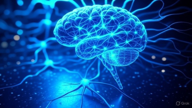 Abstract brain circuit combining human neurons and AI processors in blue neon light