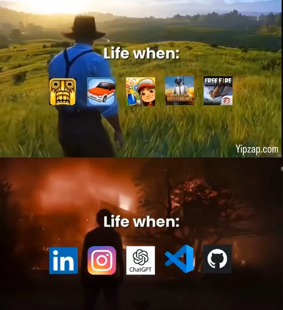 A meme comparing peaceful life with mobile games to chaotic life with work apps like LinkedIn, GitHub, and ChatGPT.