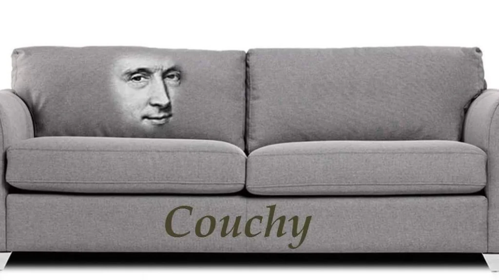 The image shows a gray couch with the word "Couchy" printed on the front lower edge. On the left cushion, there is a printed face of a person, resembling a historical figure, humorously integrated into the cushion design, creating a playful pun combining "couch" and "Cauchy," likely referring to the mathematician Augustin-Louis Cauchy. The background is plain white, highlighting the couch.