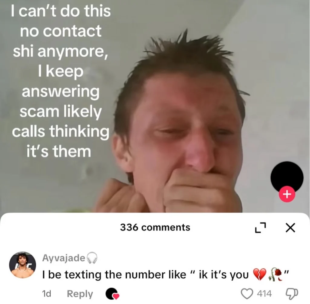 A person with spiky hair is shown in a close-up shot, covering their mouth with their hand, appearing distressed. Overlaid text reads: "I can't do this no contact shi anymore, I keep answering scam likely calls thinking it's them." Below the image, a comment from "Ayyvajade" says, "I be texting the number like 'ik it's you' 💔🌹" with 414 likes. The post has 336 comments.