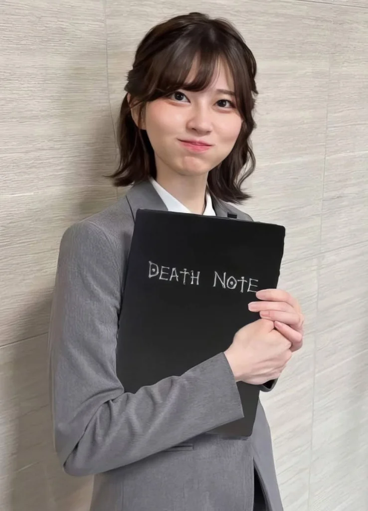 Woman in a grey suit holding a black notebook labeled “DEATH NOTE” with a playful expression, referencing the anime.