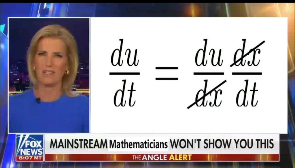A fake Fox News segment showing a woman next to a math equation where parts of a derivative are humorously canceled, with a headline saying “MAINSTREAM Mathematicians WON’T SHOW YOU THIS.