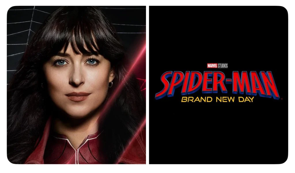 Dakota Johnson stands on the film set of Spider‑Man: Brand New Day, wearing casual clothes and walking among crew members