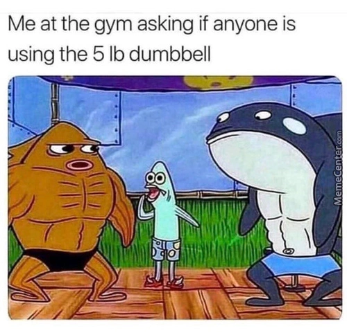 A cartoon scene with a muscular fish, SpongeBob, and an orca at a gym, captioned "Me at the gym asking if anyone is using the 5lb dumbbell."