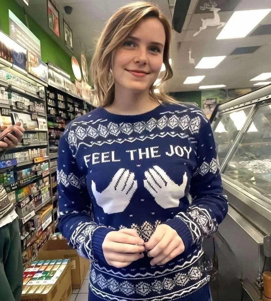 A person in a blue sweater with "FEEL THE JOY" and hand prints, standing in a shop.  Meme 