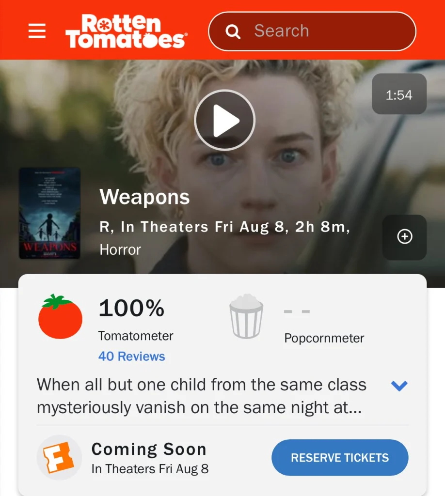 Poster of the horror film Weapons with 100% Rotten Tomatoes score, featuring children running at night, starring Julia Garner and Josh Brolin.