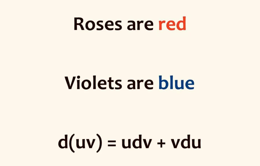 A math meme combining a classic poem with calculus, showing the product rule formula for derivatives.