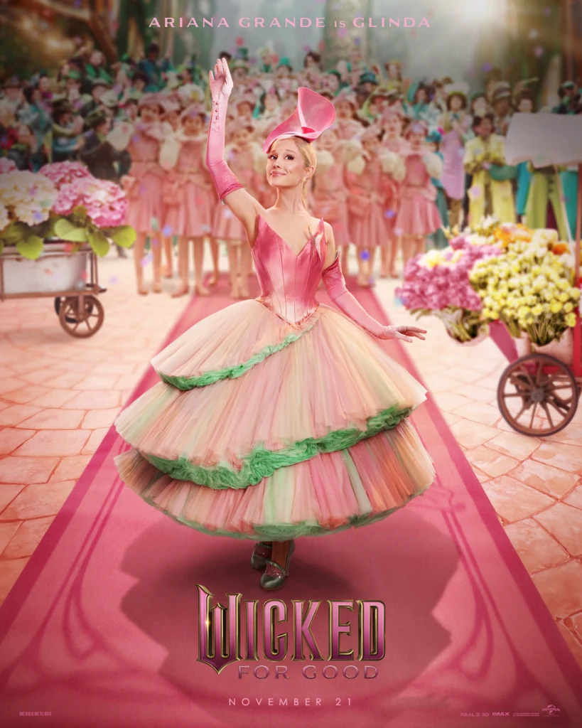 Official poster of Ariana Grande as Glinda in Wicked: For Good, wearing a sparkling pink gown and crown