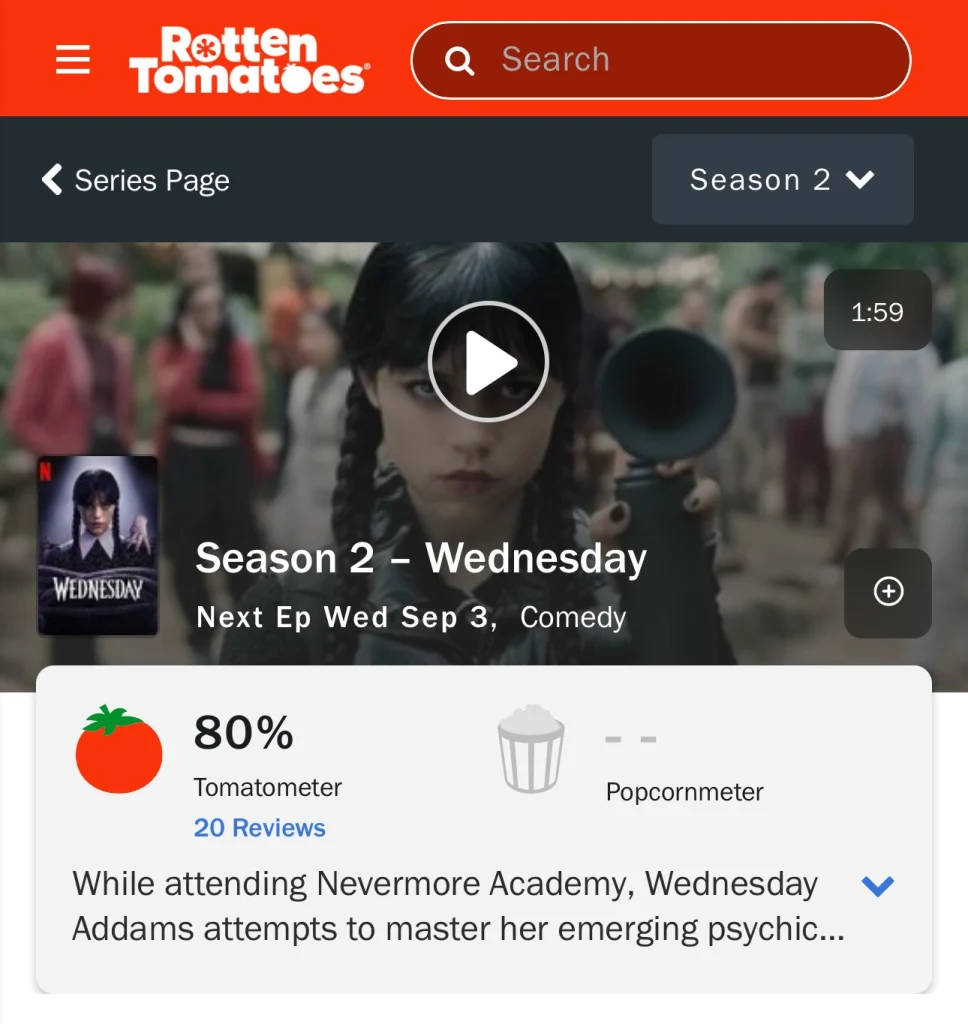 Jenna Ortega as Wednesday Addams looking serious in Season 2 of Netflix’s Wednesday Wednesday Season 2 Debuts at 80% on Rotten Tomatoe