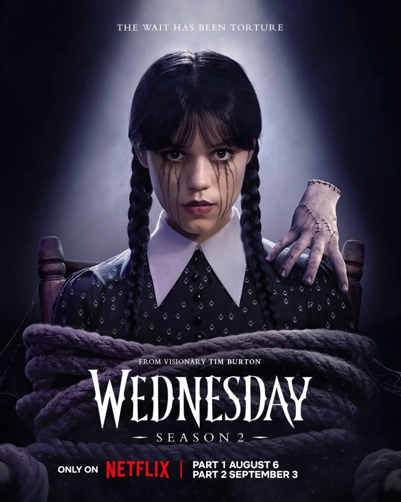 Cast of Wednesday Season 2 in a gothic setting with dark backgrounds