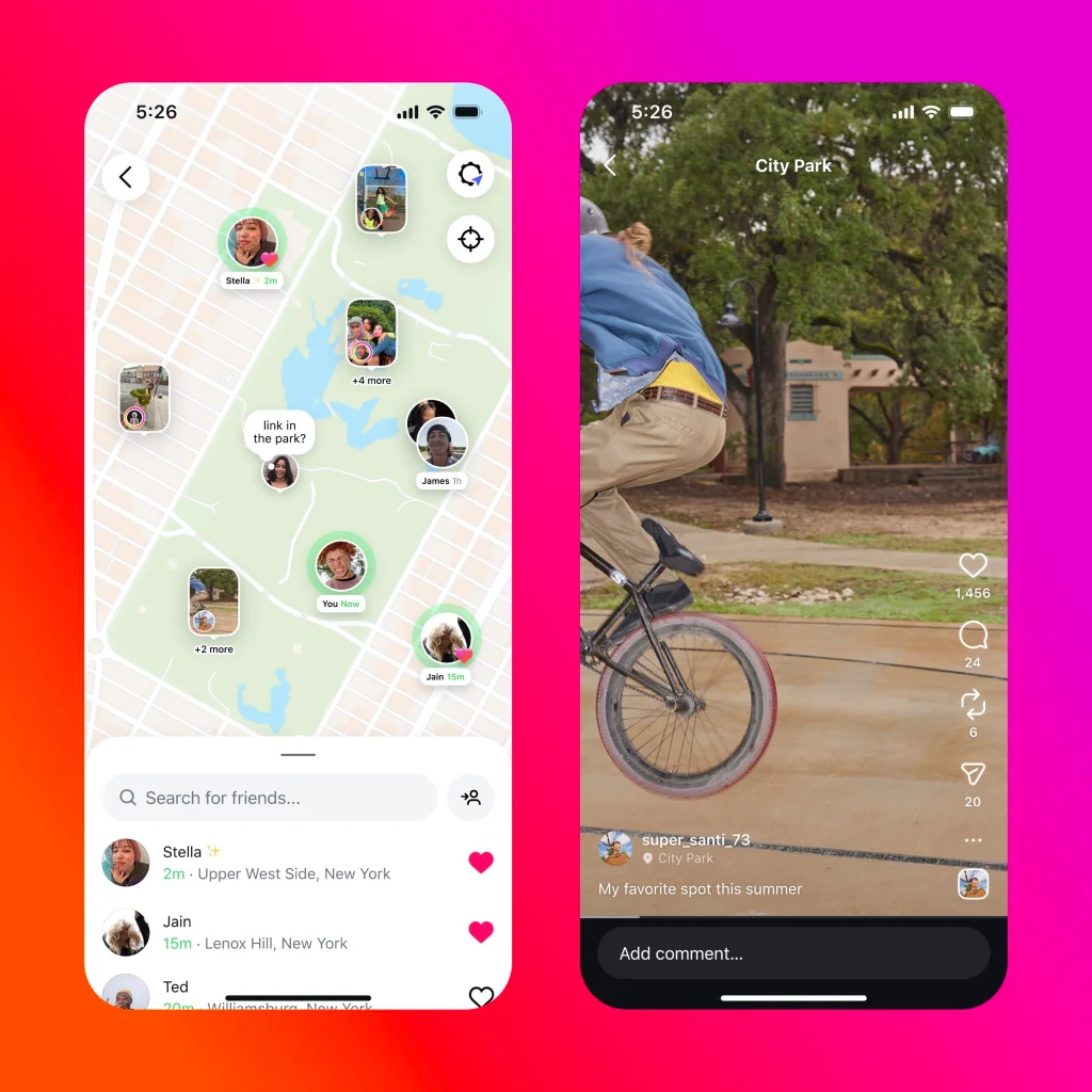Instagram app showing the new Instagram Map feature with live location sharing interface.