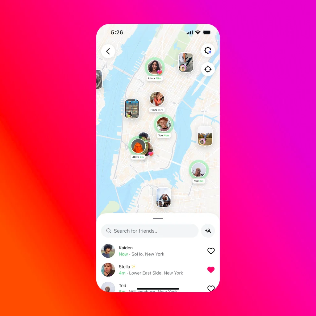 User interface of Instagram Map showing live locations of friends with privacy settings toggle on the screen.