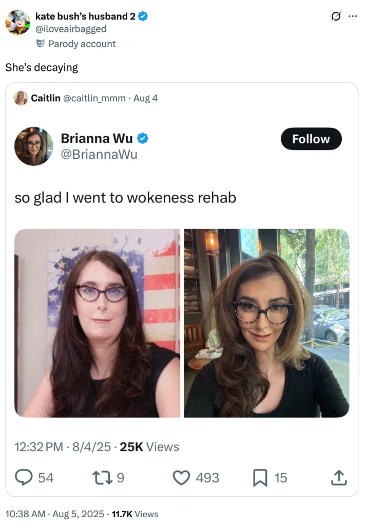 Split image of Brianna Wu with transformation-themed tweet that questions ‘woke culture’ and identity politics.