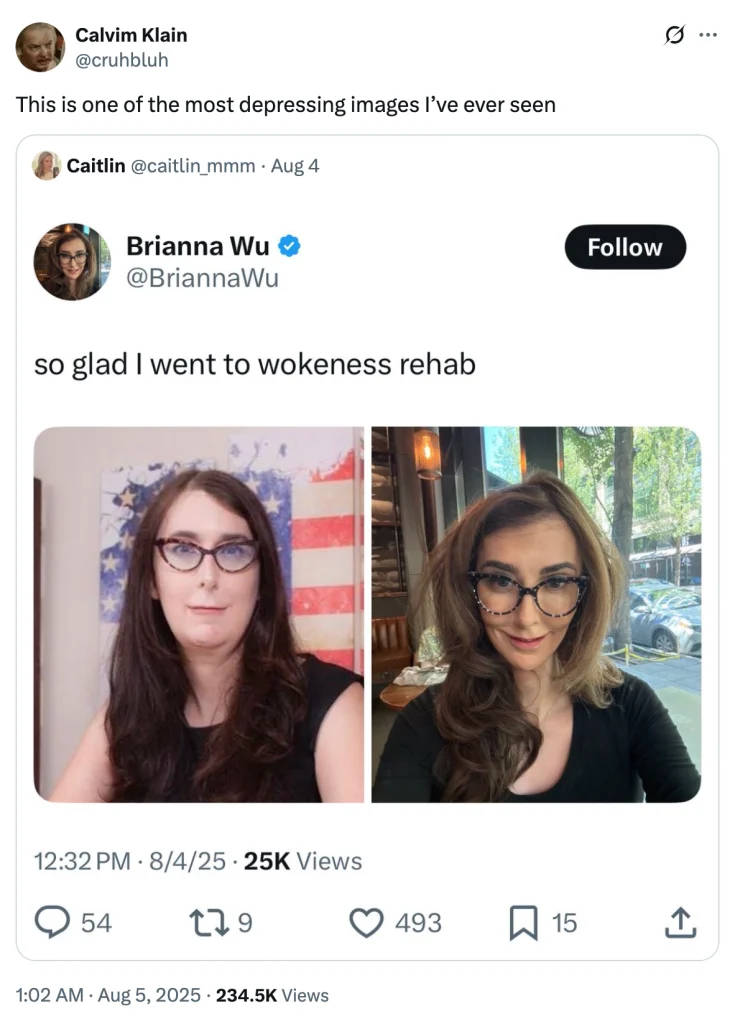 Side-by-side images of Brianna Wu reflecting physical and stylistic change, shared in viral tweet about leaving ‘wokeness’.