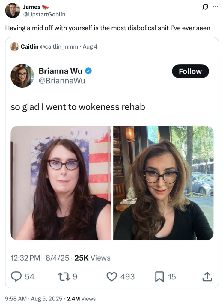 Trans activist and game developer Brianna Wu posts viral photo montage with ‘wokeness rehab’ punchline.