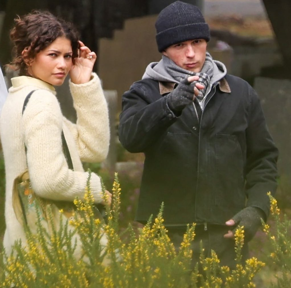 Behind-the-scenes image of Zendaya and Holland filming for Brand New Day outdoors.
